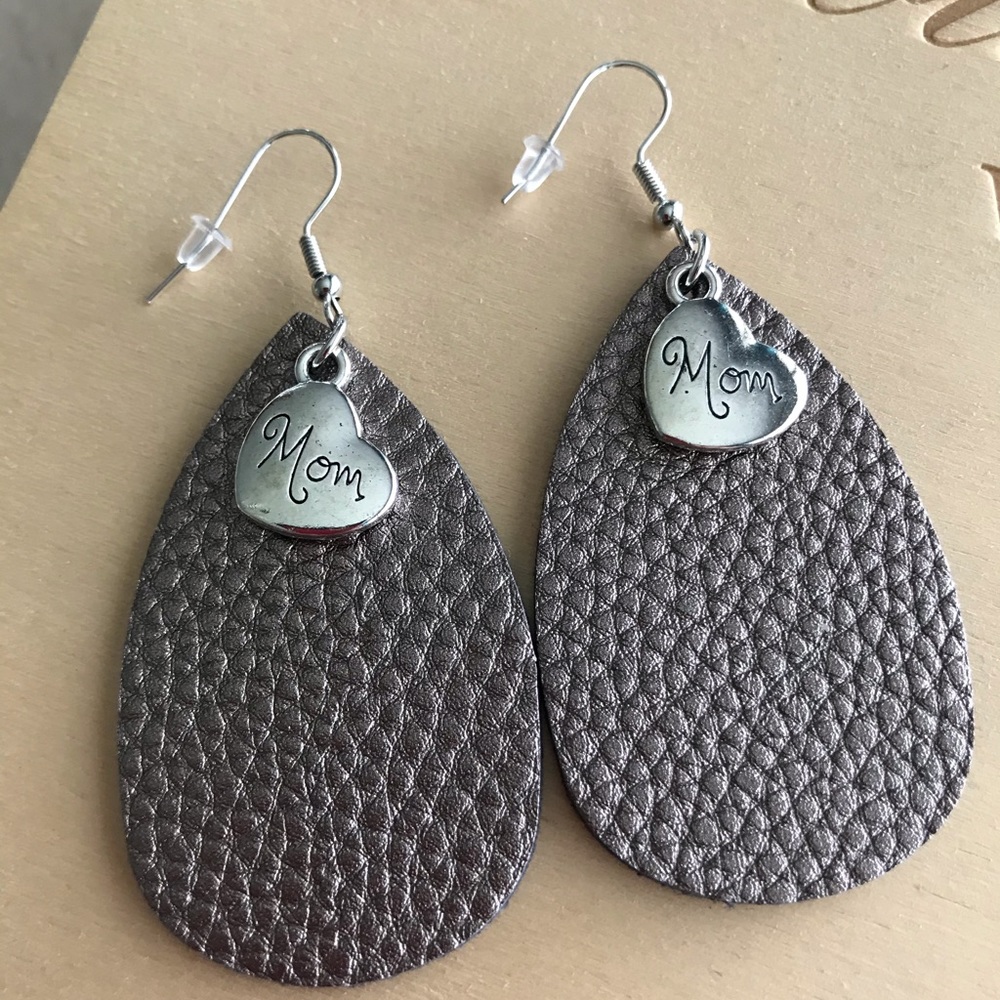 Leather “mom” earring with silver charm